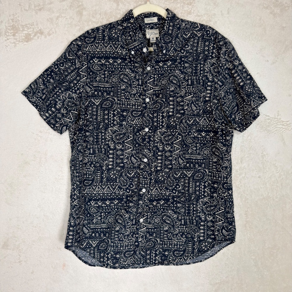 J.Crew Mens Classic Fit Cotton Linen Paisley Geometric Short Sleeve Shirt M Navy